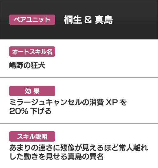 ペアユニット桐生＆真島 嶋野の狂犬 ミラージュキャンセルの消費XPを20%下げる あまりの速さに残像が見えるほど常人離れした動きを見せる真島の異名