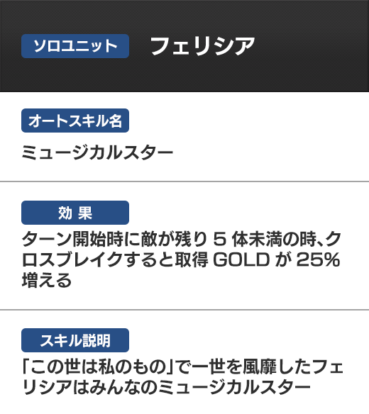 ソロユニットフェリシア ミュージカルスター ターン開始時に敵が残り5体未満の時、クロスブレイクすると取得GOLDが25%増える 「この世は私のもの」で一世を風靡したフェリシアはみんなのミュージカルスター